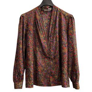 Vintage Marlis Top Womens 16‎ Colorful Paisley Floral Satin Pleated Wrap Regal